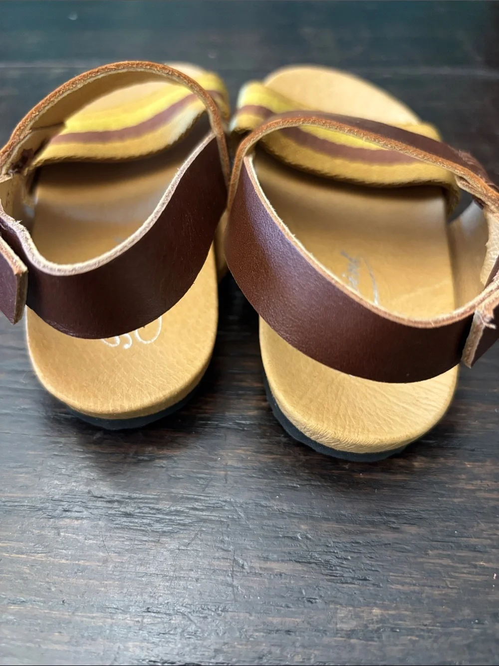 Bonpoint Brown Leather Sandals with Yellow Striped Band